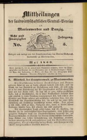 Acht und Zwanzigster Jahrgang. No. 5. Mai 1860.