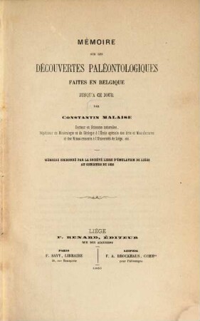 Mémoire sur les découvertes paléontologiques faites en Belgique jusqu'à ce jour