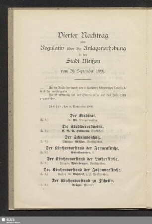 Vierter Nachtrag zum Regulativ über die Anlagenerhebung in der Stadt Meißen vom 5. November 1908