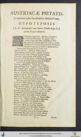 Austriacae Pietatis, praenarrato actu luculentius demonstratae, Hypotyposis à R. P. Emmanuele van Outers Flandro-belga S. J. conatu Poetica adornata.