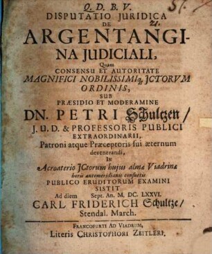 Disputatio Juridica De Argentangina Judiciali