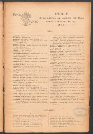 Indice de las materias que contiene este tomo : Enero y Febrero de 1913 - Año II -