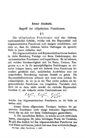 Abschnitt I - III. Begriff der elliptischen Functionen. Periodicität und Reduction der elliptischen Integrale auf die Normalform.