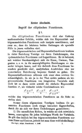 Abschnitt I - III. Begriff der elliptischen Functionen. Periodicität und Reduction der elliptischen Integrale auf die Normalform.