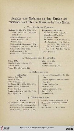 Register zum Nachtrage zu dem Katalog der römischen Inschriften des Museums der Stadt Mainz