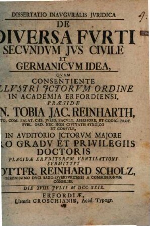 Dissertatio Inavgvralis Jvridica De Diversa Fvrti Secvndvm Jvs Civile Et Germanicvm Idea