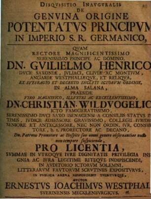 Disqvisitio Inavgvralis De Genvina Origine Potentatvs Principvm In Imperio S. R. Germanico