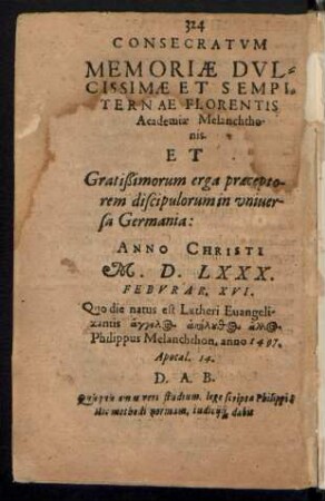 Consecratum Memoriae ... Florentis Academiae Melanchthonis.