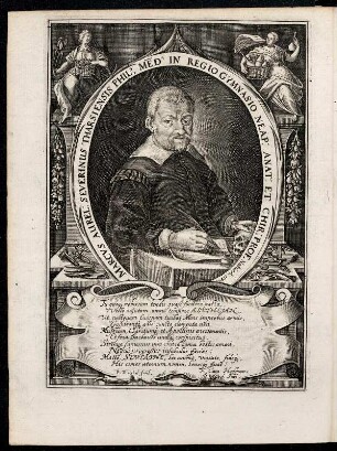 Marco Aurelio Severino (Marcus Aurelius Severinus) : Marcus Aurel. Severinus (Marco Aurelio Severino, 1580-1656, Arzt) Kupferstich. Blatt [5] verso aus: Severino, Marco Aurelio: Zootomia Democritaea: Id est, Anatome Generalis totius animantium Opificii : libris quinque distincta, quorum seriem sequens facies delineabit. Noribergae: Literis Endterianis, 1645. Dresden: SLUB Zool.755