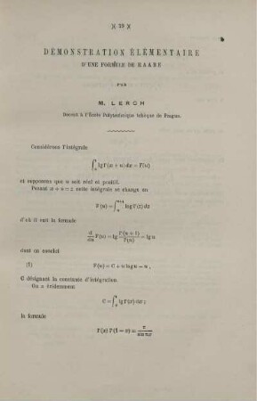Démonstration elémentaiare d'une formule de Raabe.