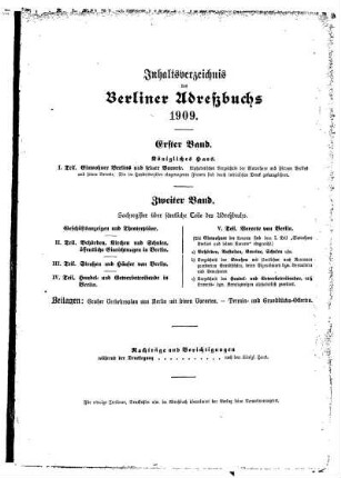 Inhaltsverzeichnis des Berliner Adreßbuchs 1909