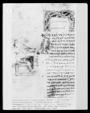 Tetra-Evangeliar — fol. 5 v: Darstellung des Evangelisten Markus und Teil des Textes
