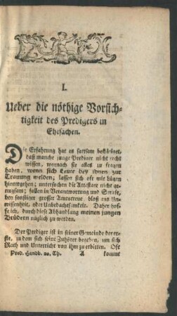 I. Ueber die nöthige Vorsichtigkeit des Predigers in Ehesachen