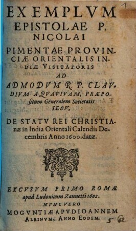 Exemplum epistolae de statu rei Christianae in India orientali 1600