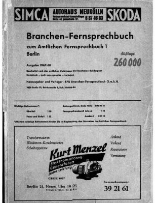 1967/1968: Amtliches Fernsprechbuch für den Bezirk der Landespostdirektion Berlin