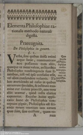 Elementa Philosophiae rationalis methodo naturali degesta. Praecognita