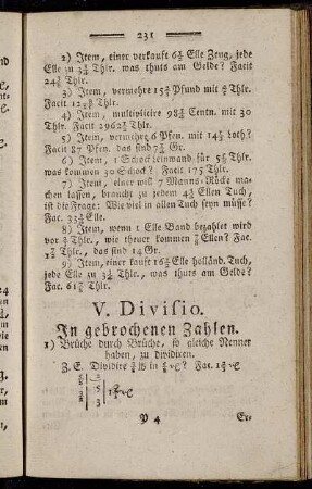V. Divisio. In gebrochenen Zahlen