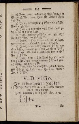 V. Divisio. In gebrochenen Zahlen