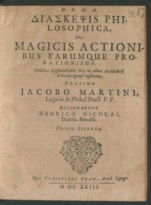 Diaskepsis Philosophica, De Magicis Actionibus Earumque Probationibus