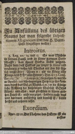 Zu Anfüllung des übrigen Raums hat man folgende Dispositionem Allegoricam über das H. Vater-Unser hinzufügen wollen
