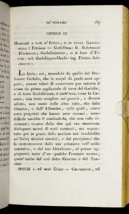Genere III. Minerale A Base D' Ittria, O Di Terra Gadoliniana (Yttriaca - Gadoline: fr. Substances Yttriennes, Gadoliniennes, o à base d' Yttria: ted. Gadolingeschlecht: ing. Yttrian Substances).