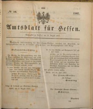 № 56. Ausgegeben zu Cassel am 16. August 1867.