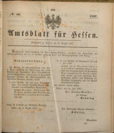 № 56. Ausgegeben zu Cassel am 16. August 1867.