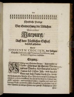 Christliche Predigt Bey Einweyhung der Löblichen Universitet Marpurg