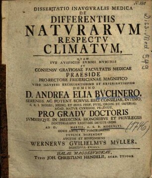 Dissertatio Inavgvralis Medica De Differentiis Natvrarvm Respectv Climatvm