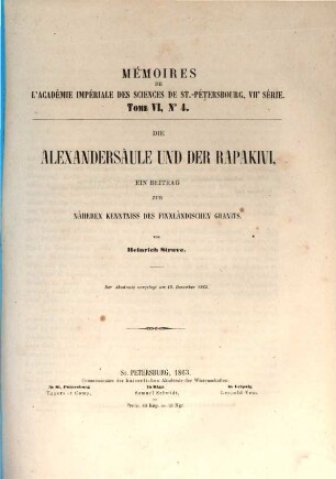 Die Alexandersäule und der Rapakavi : ein Beitrag zur näheren Kenntniss des finnländischen Granits