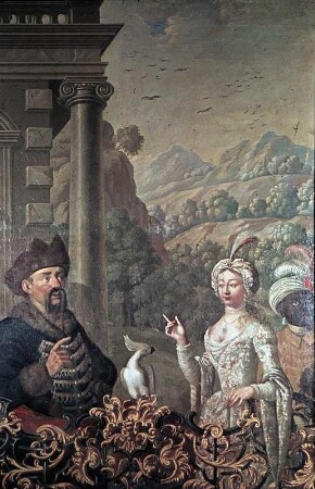 Landschaft mit einem Edelmann in Kosakentracht und einer Dame im Seidenkleid mit einem Kammermohren