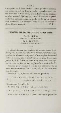 Théorèmes sur les surfaces du second ordre.