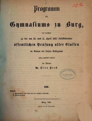 Programm des Gymnasiums zu Burg. 1866/67 (1867)