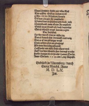 Gedruckt zu Nüremberg/ durch Georg Merckel. Anno M. D. LX. Jar.