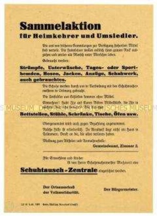 Aufruf der Volkssolidarität Arnsdorf zu Kleider- und Möbelspenden für Heimkehrer und Umsiedler