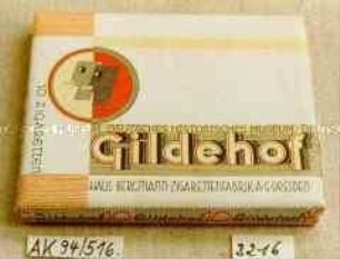 Pappschachtel für 10 Stück Zigaretten "Gildehof HAUS BERGMANN ZIGARETTENFABRIK A.G. DRESDEN" mit Inhalt
