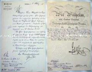 Entlassungsschreiben aus dem Staatsdienst für Karl Ludwig Hauschild, Berlin 21. Februar 1898, beiliegend Übergabeschreiben, Straßburg 3. März 1898