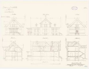 Gefängnis, Wohlau: Direktorenwohnhaus: Aufriss Vorderansicht, Westgiebel, Ostgiebel, Längsschnitt, Querschnitte 1:100