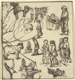 Studienblatt mit vielen kleinen Figuren, einem Reiter und zwei Kühen