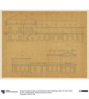 Schloss Falkenlust, Aufrisse mit Schnitt durch den Seitenflügel
