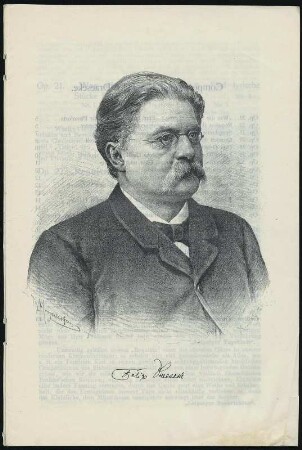 Bildnis Felix Draeseke (1835-1913; Komponist). Holzstich von Theodor Mayerhofer vor bzw. 1895. Seite 3 in: Verzeichniss der Compositionen von Felix Draeseke aus dem Verlage von Fr. Kistner in Leipzig. 1895. Druck; 22,5 x 15 cm. Dresden: Mscr.Dresd.App.1193.D