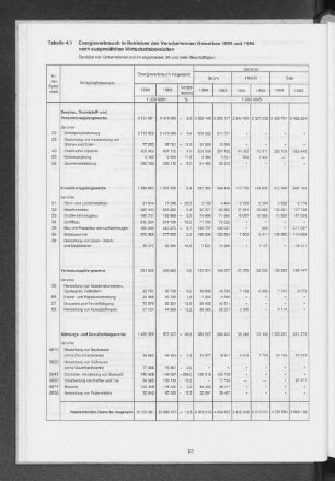 Tabelle 4.1 Energieverbrauch in Betrieben des Verarbeitenden Gewerbes 1993 und 1994 nach ausgewählten Wirtschaftsbereichen
