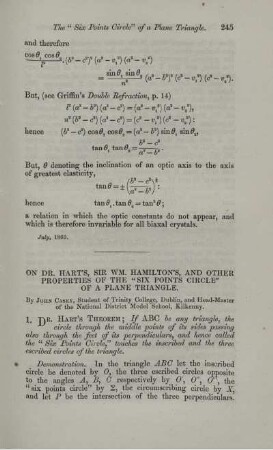 On Dr. Hart's, Sir Wm. Hamilton's, and other properties of the "Six points circle" of a plane triangle.