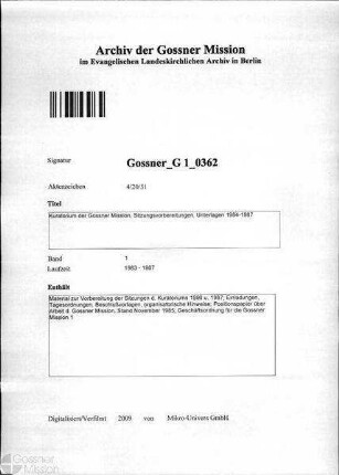 Kuratorium der Gossner Mission, Sitzungsvorbereitungen, Unterlagen 1984-1987
