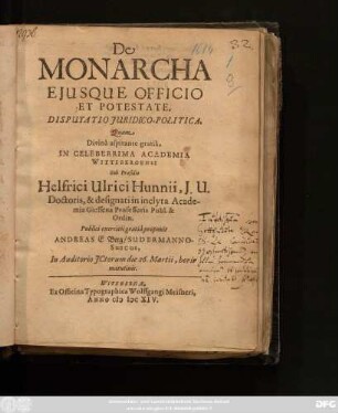 De Monarcha Eiusque Officio Et Potestate, Disputatio Iuridico-Politica