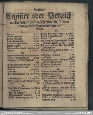 Register oder Verzeichniß der vornehmsten Lehrpuncten, so in erklärung dieser Danielspredigten zubefinden