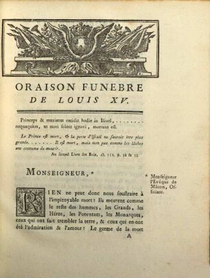 Oraison Funebre De Très-Haut, Très-Puissant Et Très-Excellent Prince, Louis XV, Roi de France Et Navarre : Pononcée [!] dans l'Église de Mâcon, le 13 Juin 1774