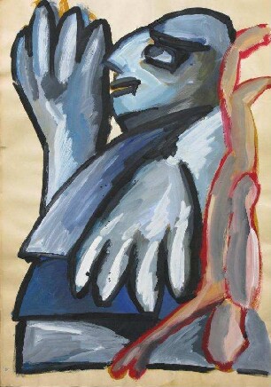 Blaues Halbprofil mit auf Kopf stehender Figur
