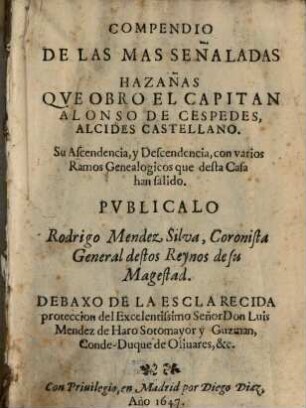 Compendio de las mas señaladas Hazañas que obro el Capitan Alonso de Cespedes, Alcides castellano