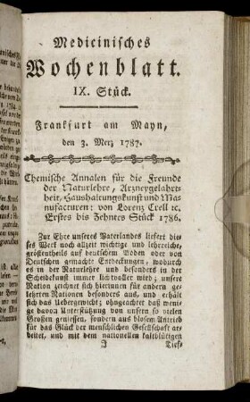IX. Stück. Frankfurt am Mayn, den 3. Merz 1787. - XIII. Stück. Frankfurt am Mayn, den 31. Merz 1787.